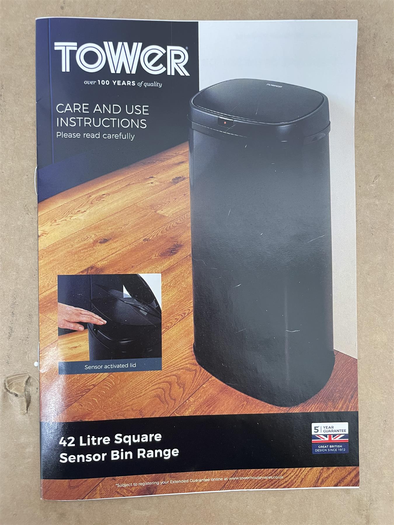 Tower Recycling 42 Litre Square Sensor Bin lid automatically opens - black