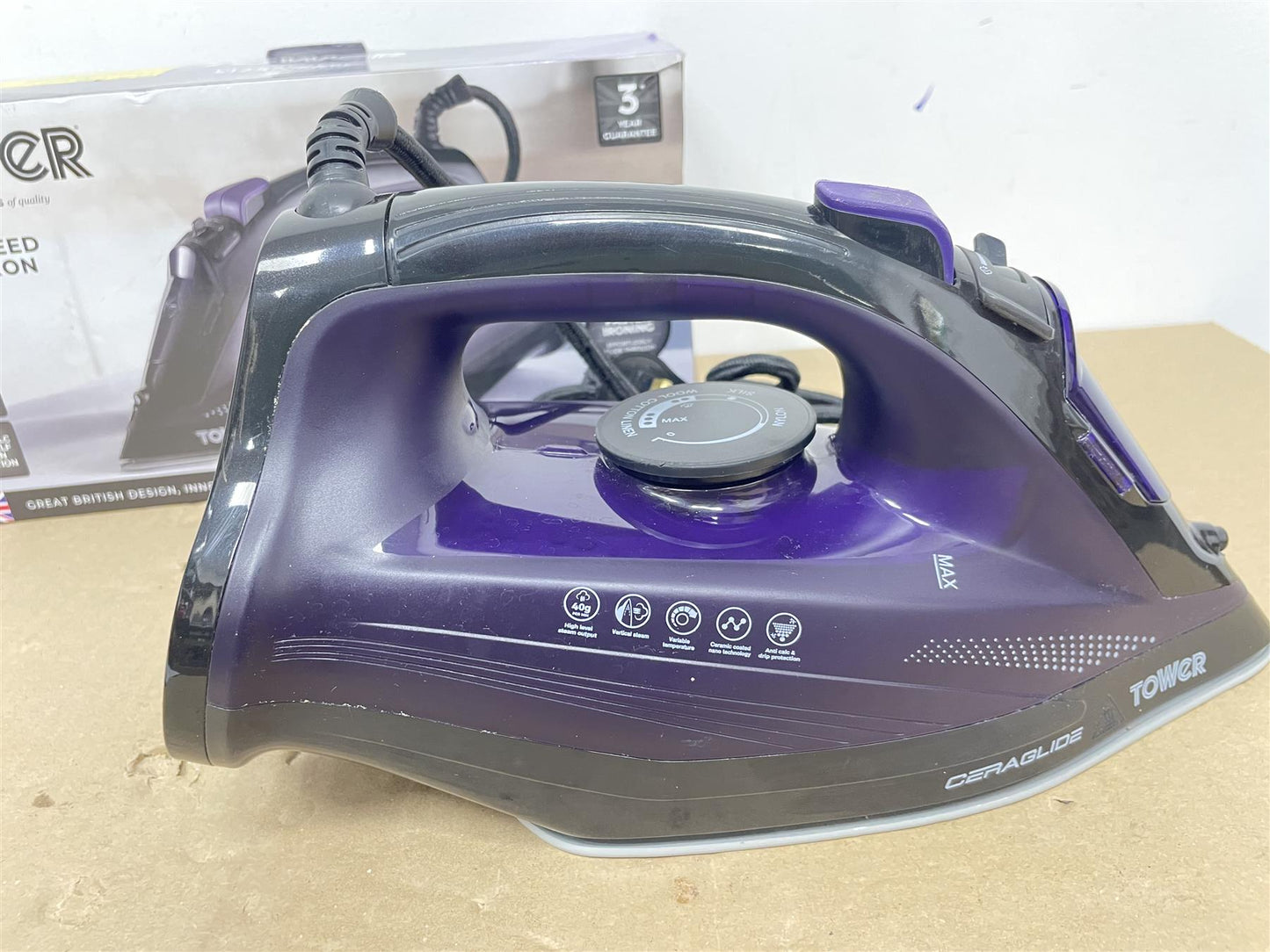 Steam Iron 2600W, Tower T22011 CeraGlide Ceramic Soleplate Ultra speed - Purple