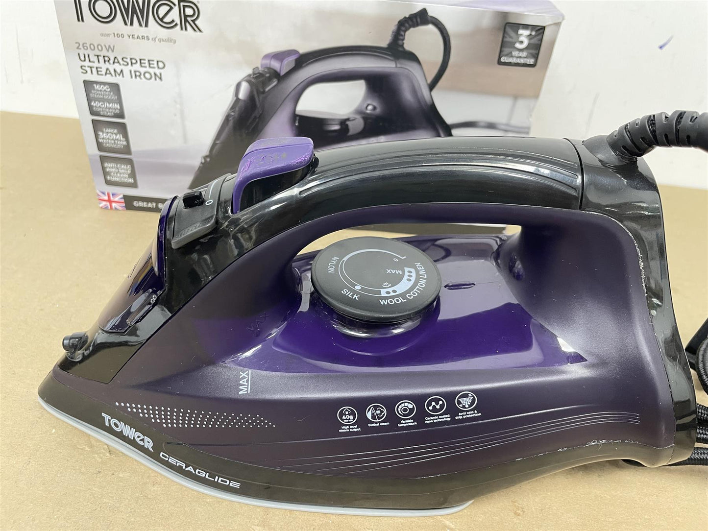 Steam Iron 2600W, Tower T22011 CeraGlide Ceramic Soleplate Ultra speed - Purple