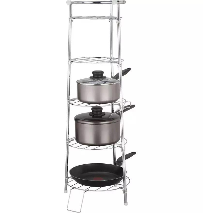 Home 5 Tier Circular Chrome Pan Stand Saucepan Pot Rack Storage Shelf Unit