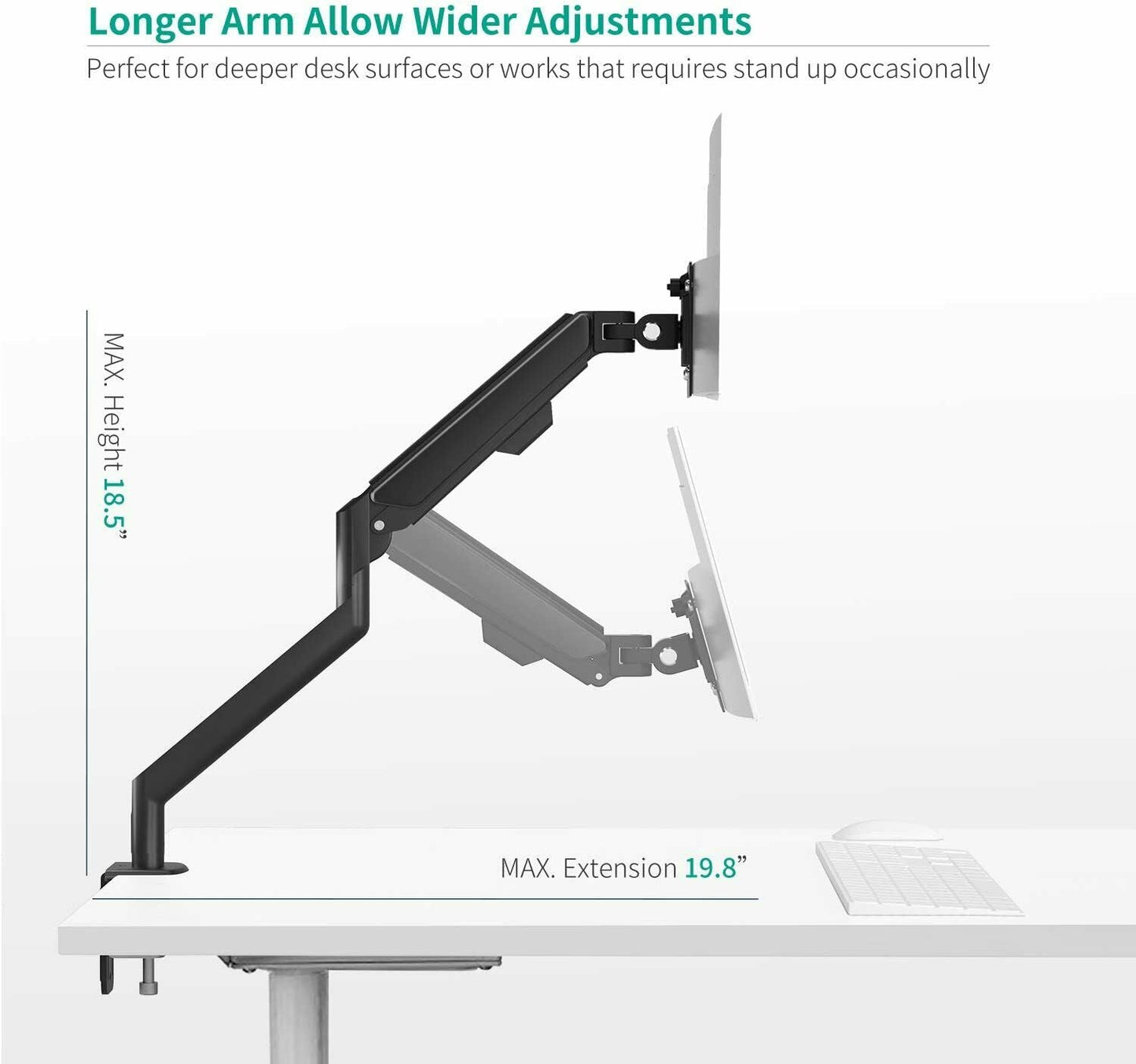 Single Arm Gas Spring Monitor Desk Mount – 13–32” Screen (VESA 75x75 / 100x100)
