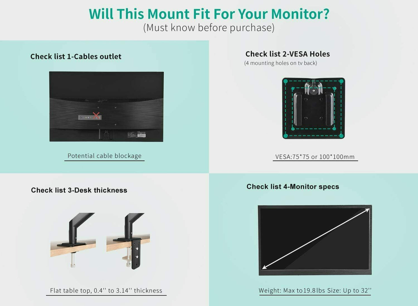 Single Arm Gas Spring Monitor Desk Mount – 13–32” Screen (VESA 75x75 / 100x100)