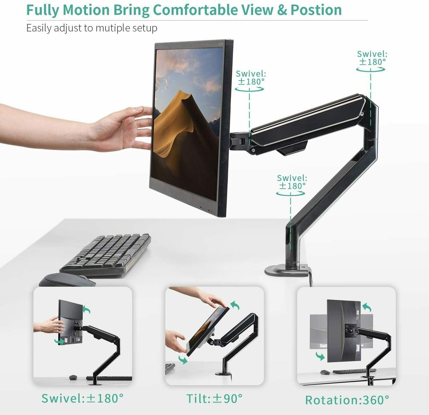 Single Arm Gas Spring Monitor Desk Mount – 13–32” Screen (VESA 75x75 / 100x100)