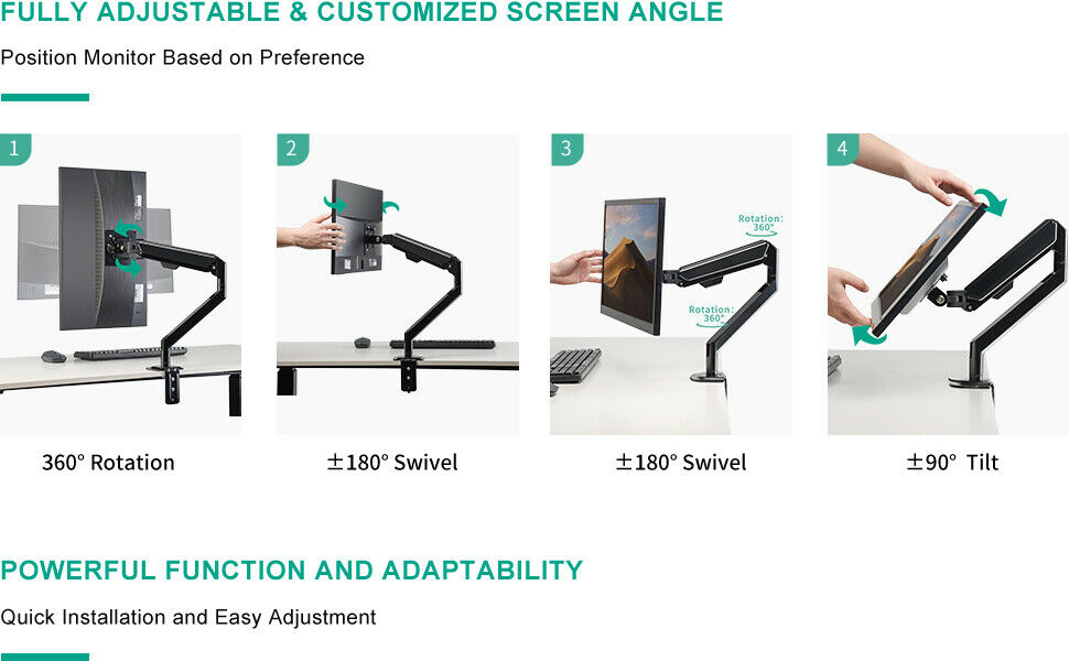 Single Arm Gas Spring Monitor Desk Mount – 13–32” Screen (VESA 75x75 / 100x100)